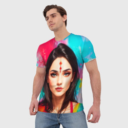 Мужская футболка 3D Нейросеть - индийская девушка в акварели - фото 2