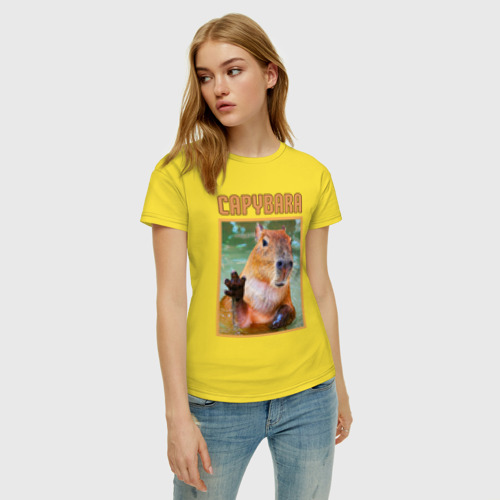 Женская футболка хлопок с принтом Привет от капибары, фото на моделе #1