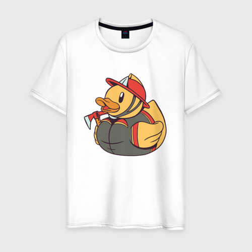 Мужская футболка из хлопка с принтом Резиновая утка пожарный, вид спереди №1