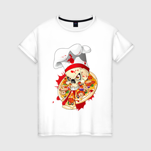 Женская футболка из хлопка с принтом Череп-повар и пицца, вид спереди №1