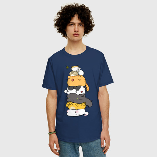 Мужская футболка хлопок Oversize Пирамидка из котиков, цвет темно-синий - фото 3