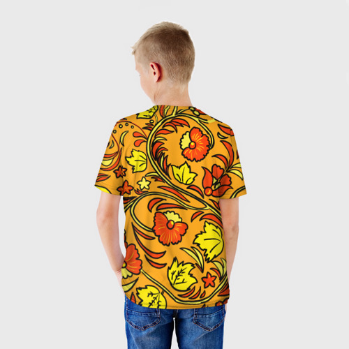Детская футболка 3D с принтом Хохлома золотой фон, вид сзади #2