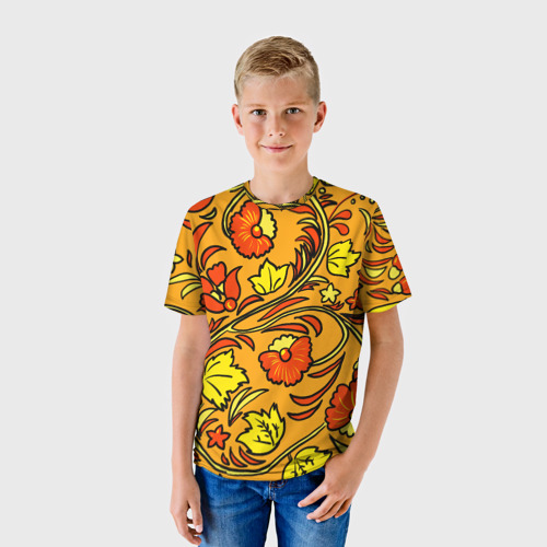 Детская футболка 3D с принтом Хохлома золотой фон, фото на моделе #1