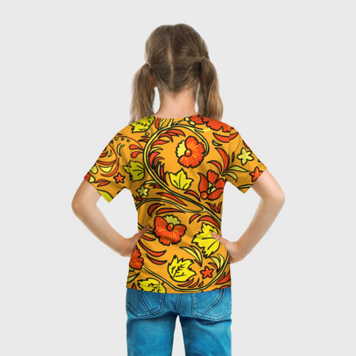Детская футболка 3D с принтом Хохлома золотой фон, вид сзади #2