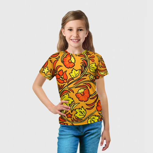 Детская футболка 3D с принтом Хохлома золотой фон, вид сбоку #3