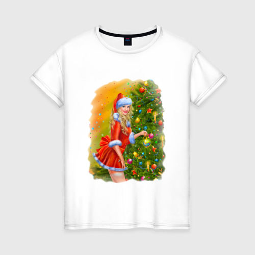 Женская футболка из хлопка с принтом Снегурочка наряжает елку, вид спереди №1