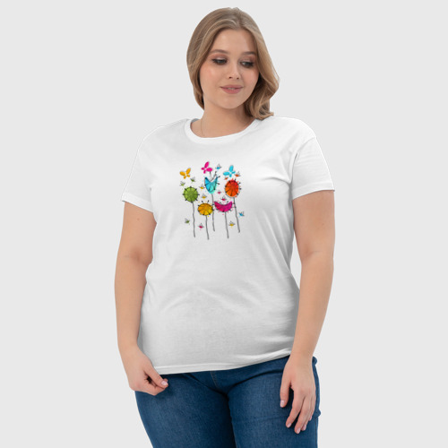 Женская футболка хлопок Бабочки над одуванчиками, цвет белый - фото 6