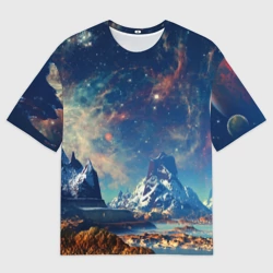 Мужская футболка oversize 3D Горы и бескрайний космос