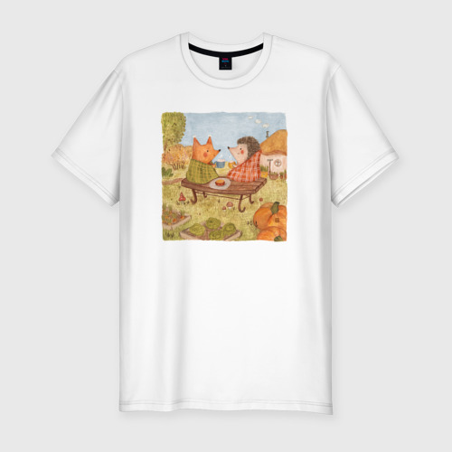 Мужская футболка хлопок Slim Ёж и лис в осеннем саду, цвет белый