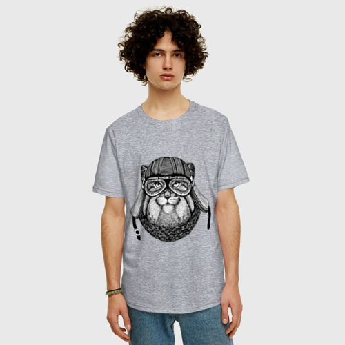 Мужская футболка хлопок Oversize с принтом Байкер манул, фото на моделе #1