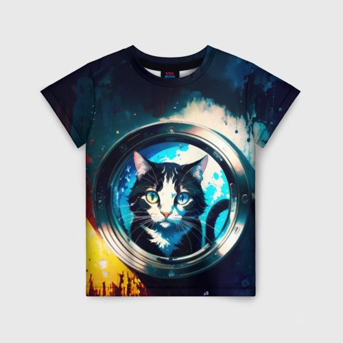 Детская футболка с принтом Нейросеть - кот в иллюминаторе, вид спереди №1
