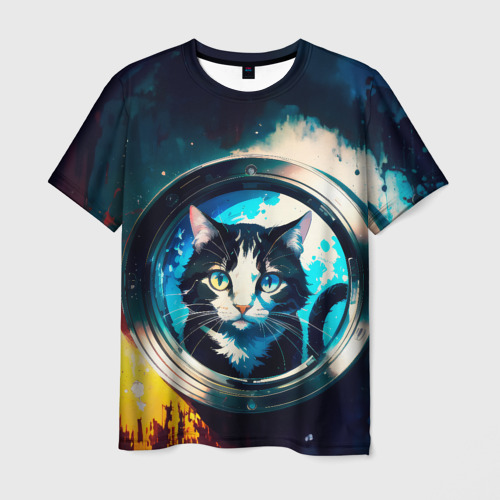 Мужская футболка 3D Нейросеть - кот в иллюминаторе, цвет 3D печать