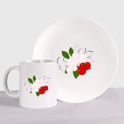 Вишня, ягоды, цветы и веточки – Набор: тарелка + кружка с принтом купить