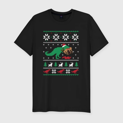 Мужская футболка хлопок Slim Новогодний тирекс кушает оленя - ugly sweater