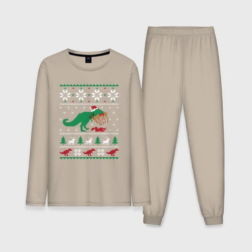 Мужская пижама с лонгсливом хлопок Новогодний тирекс кушает оленя - ugly sweater
