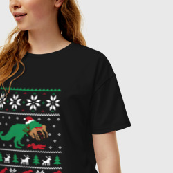 Женская футболка хлопок Oversize Новогодний тирекс - ugly sweater - фото 2