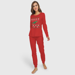 Женская пижама с лонгсливом хлопок Новогодний тирекс - ugly sweater - фото 2