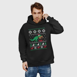 Мужское худи Oversize хлопок Новогодний тирекс кушает оленя - ugly sweater - фото 2