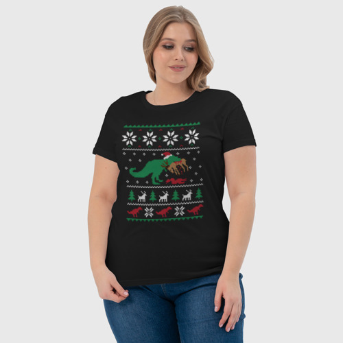 Женская футболка хлопок Новогодний тирекс - ugly sweater, цвет черный - фото 6