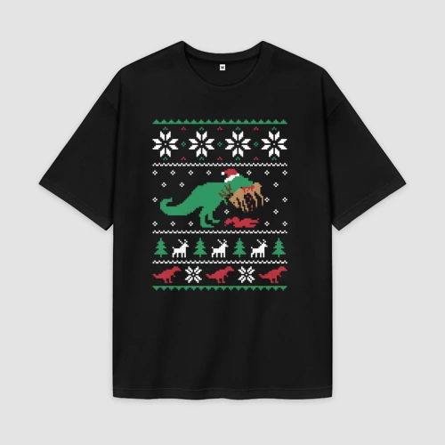 Мужская футболка Oversize хлопок premium Новогодний тирекс кушает оленя - ugly sweater