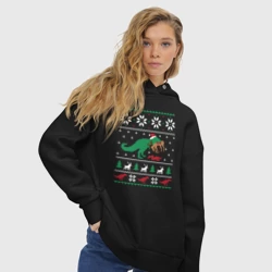 Женское худи Oversize хлопок Новогодний тирекс кушает оленя - ugly sweater - фото 2