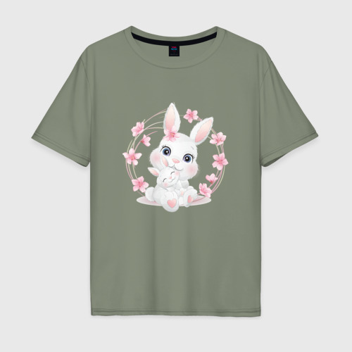 Мужская футболка хлопок Oversize с принтом Зайка с зайчонком в цветочках, вид спереди #2