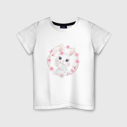 Детская футболка хлопок с принтом Зайка с зайчонком в цветочках, вид спереди #2