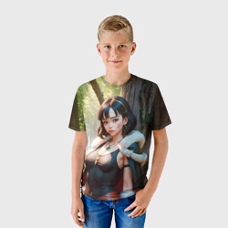 Детская футболка 3D Нейросеть - аниме девушка в лесу - фото 2