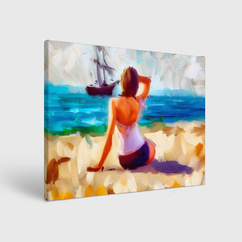 Холст прямоугольный с принтом Нейросеть - картина девушка на пляже, вид спереди №1