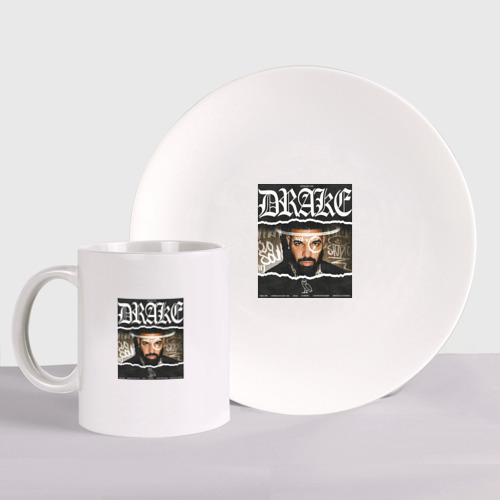 Набор: тарелка + кружка с принтом Drake Ovo Sound, вид спереди №1