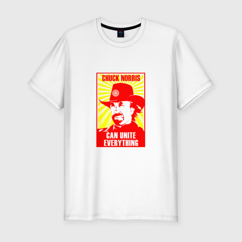 Мужская приталенная футболка из хлопка с принтом Chuck Norris can unite everything, вид спереди №1