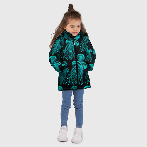 Зимняя куртка для девочек 3D Синие неоновые медузы , цвет черный - фото 5