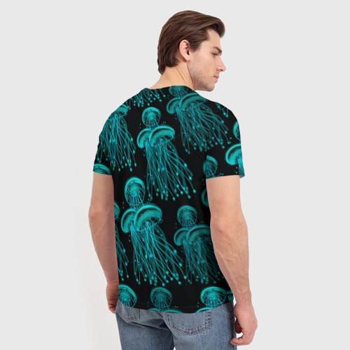 Мужская футболка 3D с принтом Синие неоновые медузы, вид сзади #2