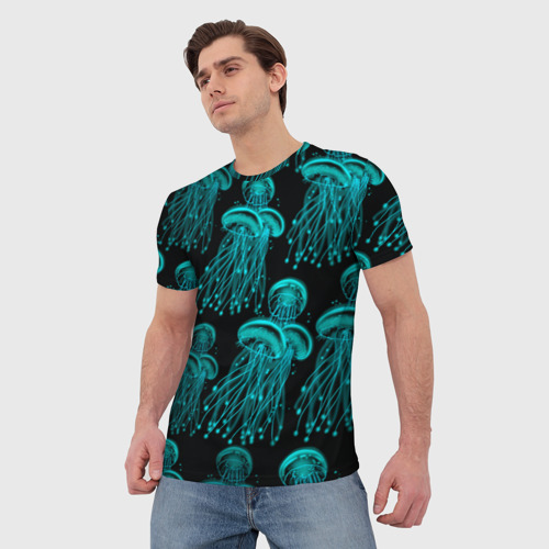 Мужская футболка 3D с принтом Синие неоновые медузы, фото на моделе #1