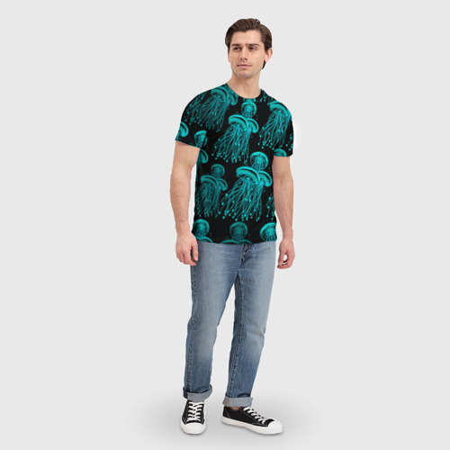 Мужская футболка 3D с принтом Синие неоновые медузы, вид сбоку #3