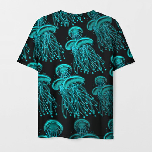 Мужская футболка 3D с принтом Синие неоновые медузы, вид сзади #1