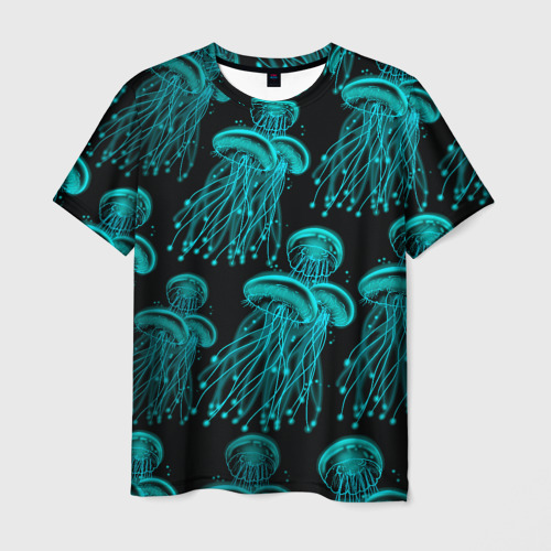 Мужская футболка 3D с принтом Синие неоновые медузы, вид спереди #2