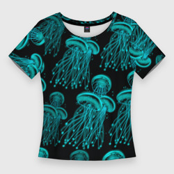 Женская футболка 3D Slim Синие неоновые медузы 
