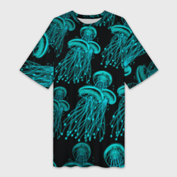 Платье-футболка 3D Синие неоновые медузы 