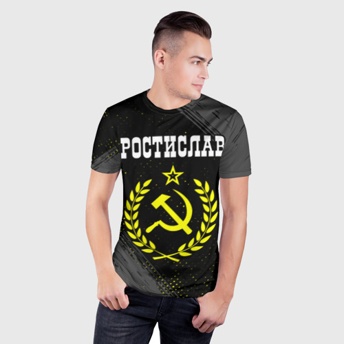 Мужская футболка 3D Slim с принтом Ростислав и желтый символ СССР со звездой, фото на моделе #1
