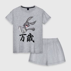 Женская пижама с шортиками хлопок Шальной заяц кричит банзай