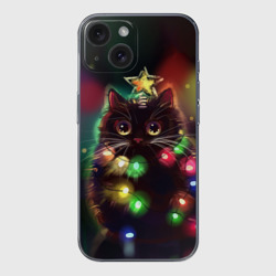 Чехол для iPhone 15 силиконовый с защитой камеры Новогодний котик с гирляндой