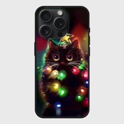 Чехол силиконовый для Apple iPhone 15 Pro Мax матовый Новогодний котик с гирляндой