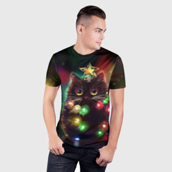 Мужская футболка 3D Slim Новогодний котик с гирляндой - фото 2