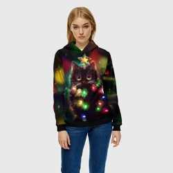 Женская толстовка 3D Новогодний котик с гирляндой - фото 2