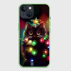 Чехол для iPhone 14 Новогодний котик с гирляндой