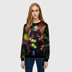 Женский свитшот 3D Новогодний котик с гирляндой - фото 2