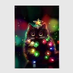 Постер Новогодний котик с гирляндой