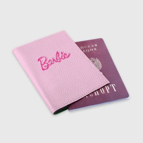 Обложка для паспорта матовая кожа Барби - логотип на клетчатом фоне, цвет зеленый - фото 3