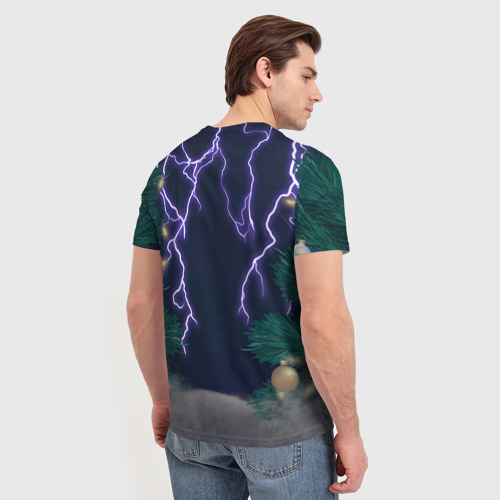 Мужская футболка 3D Новогодний кот с молниями в колпаке, цвет 3D печать - фото 4